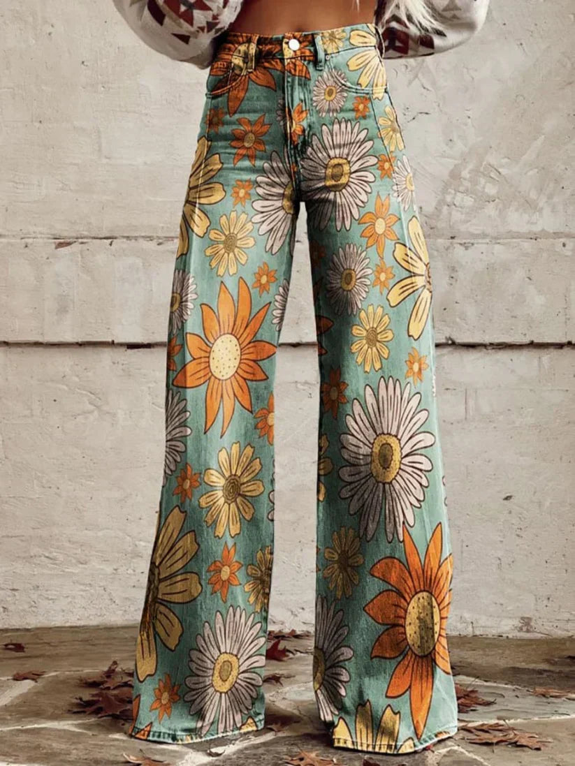 Elena – Pantalon Large à Fleurs, Élégant et Moderne