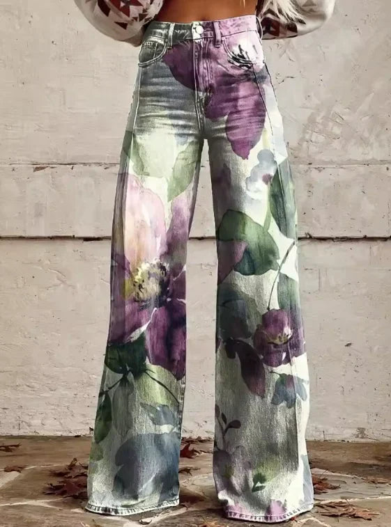 Elena – Pantalon Large à Fleurs, Élégant et Moderne