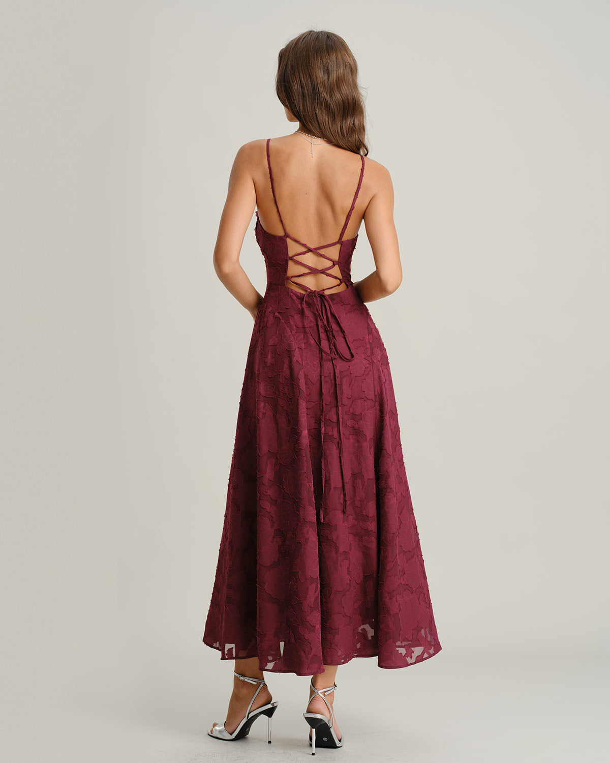 Robe longue en jacquard rouge vin